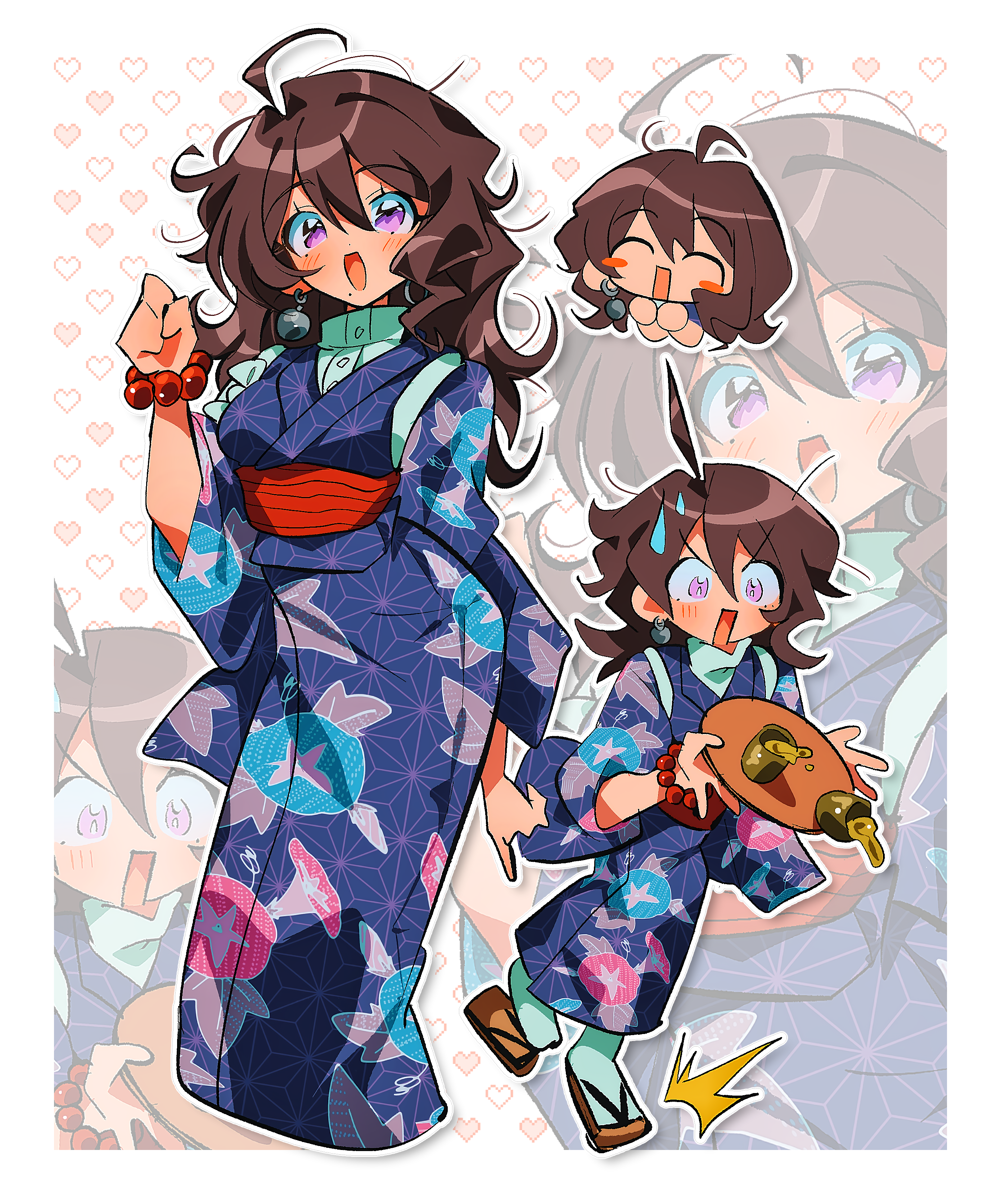 art of my OC Yukie with a small chibi, a 3/4 body, and a full body of her tripping while carrying a tea set